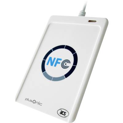 Wit NFC-leesapparaat met USB-aansluiting en blauw 'NFC'-symbool aan de voorkant.