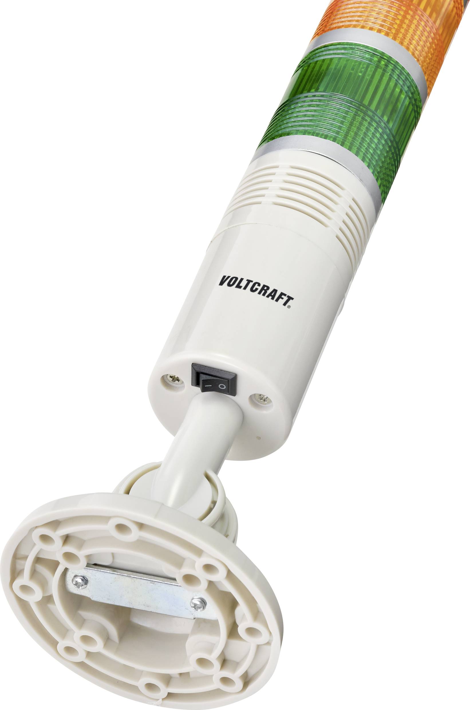 'Driekleurige signaallamp met rood, geel en groen voor het weergeven van statusinformatie, schakelaar aan de onderkant van de behuizing, opdruk "Voltcraft".'