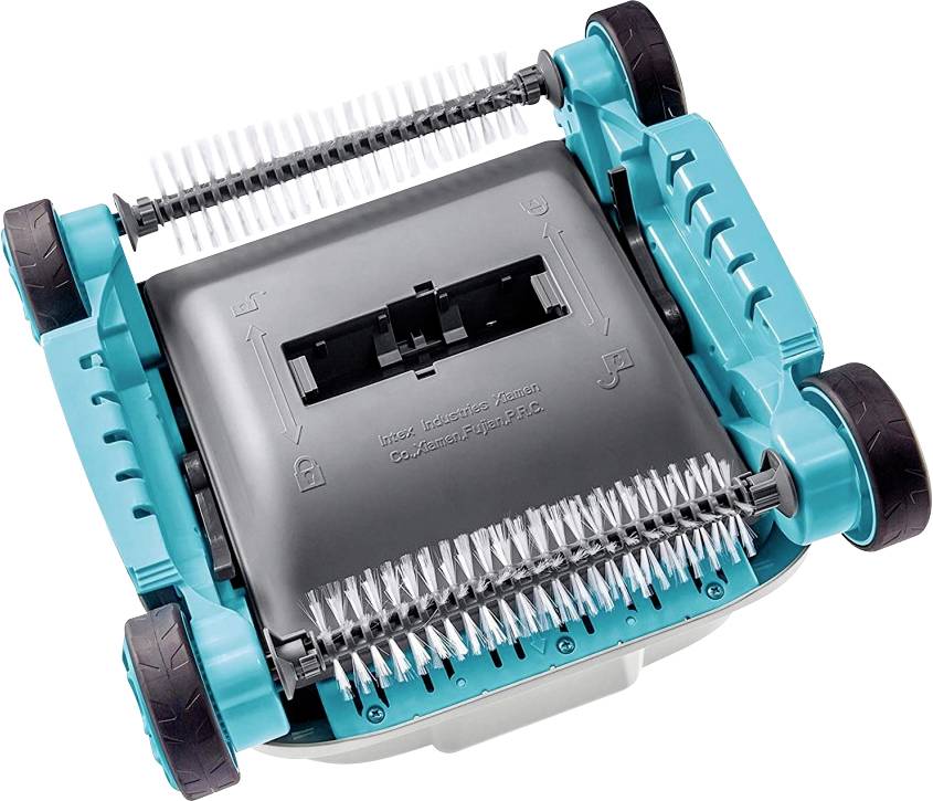 Achteraanzicht van een poolrobot-achtig apparaat met wielen en borstels.