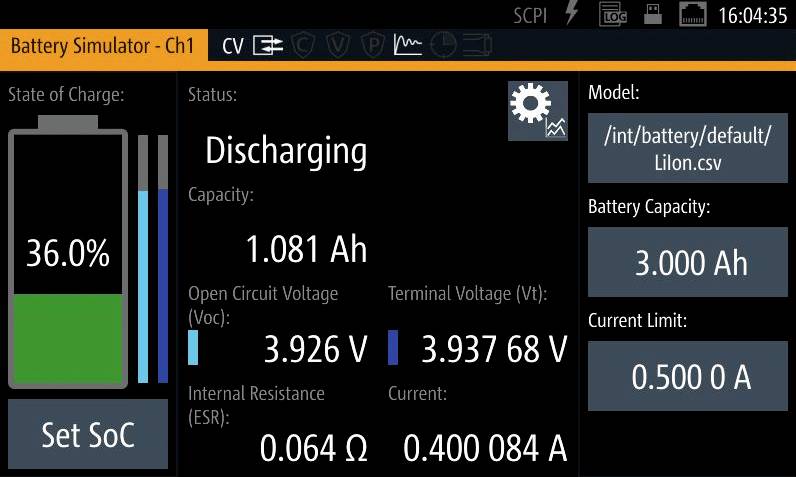 'Accumulator-indicator: Laadstatus 36%, ontlaadt. Capaciteit 1,081 Ah, Spanning 3,926 V, Model LiIon, Capaciteit 3,000 Ah, Limiet 0,500 A.'