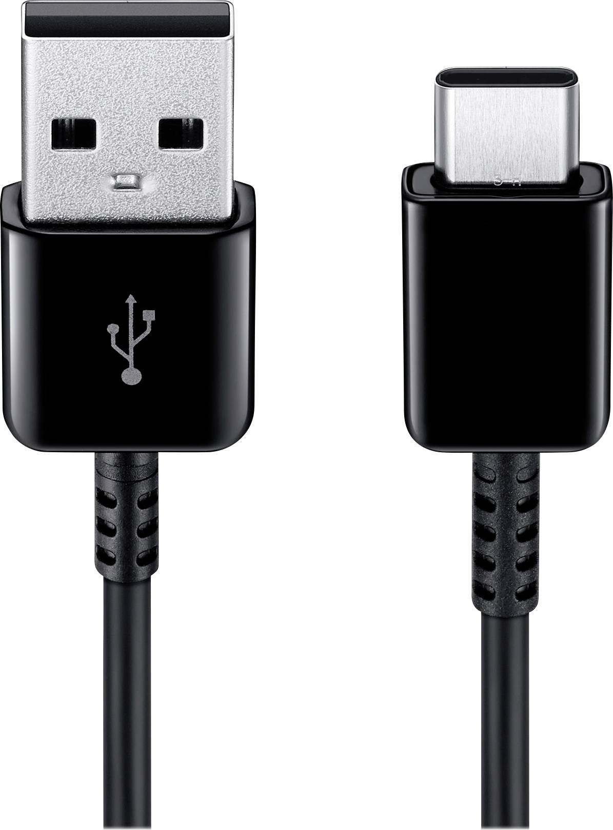 'USB Type A' stekker links en 'USB Type C' stekker rechts, beide zwart, op witte achtergrond.