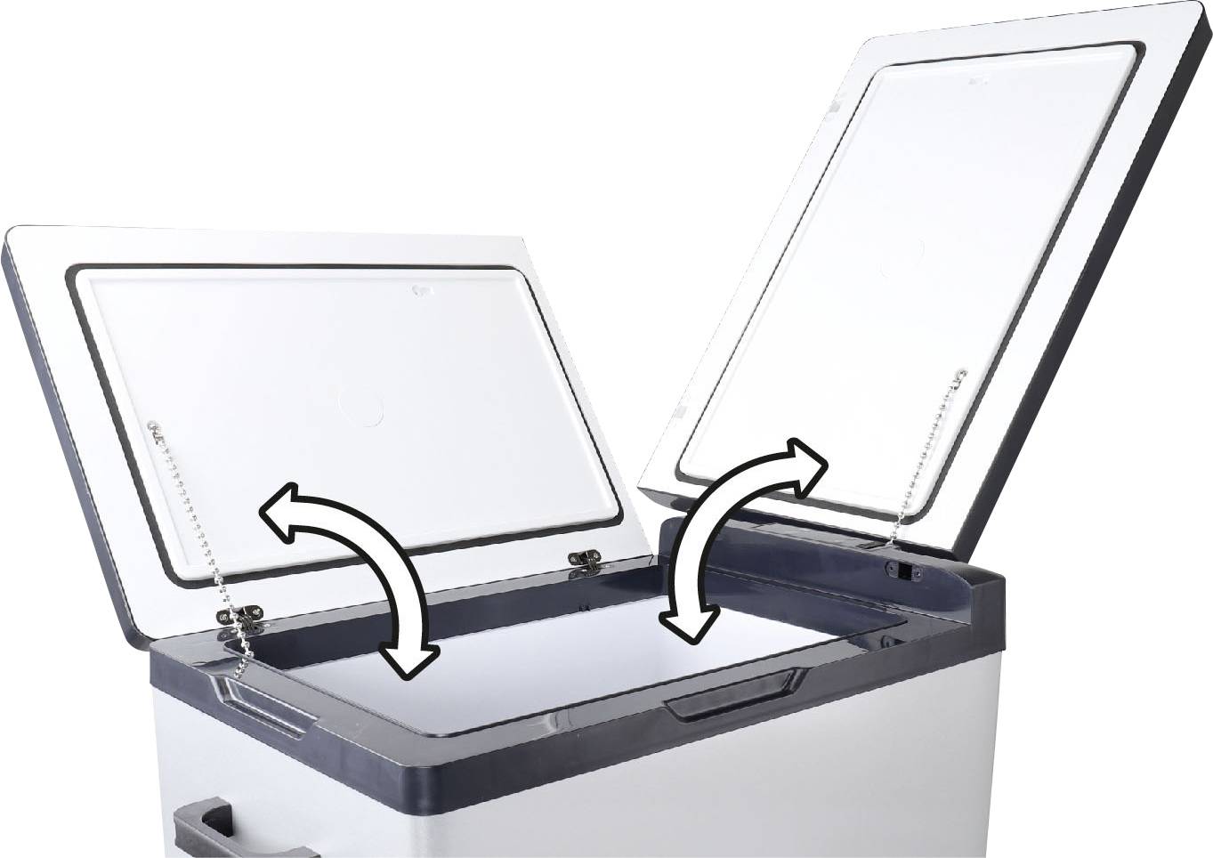 Een geopende koelbox-deksel met twee pijlen die het openen van de klepjes aangeven.
