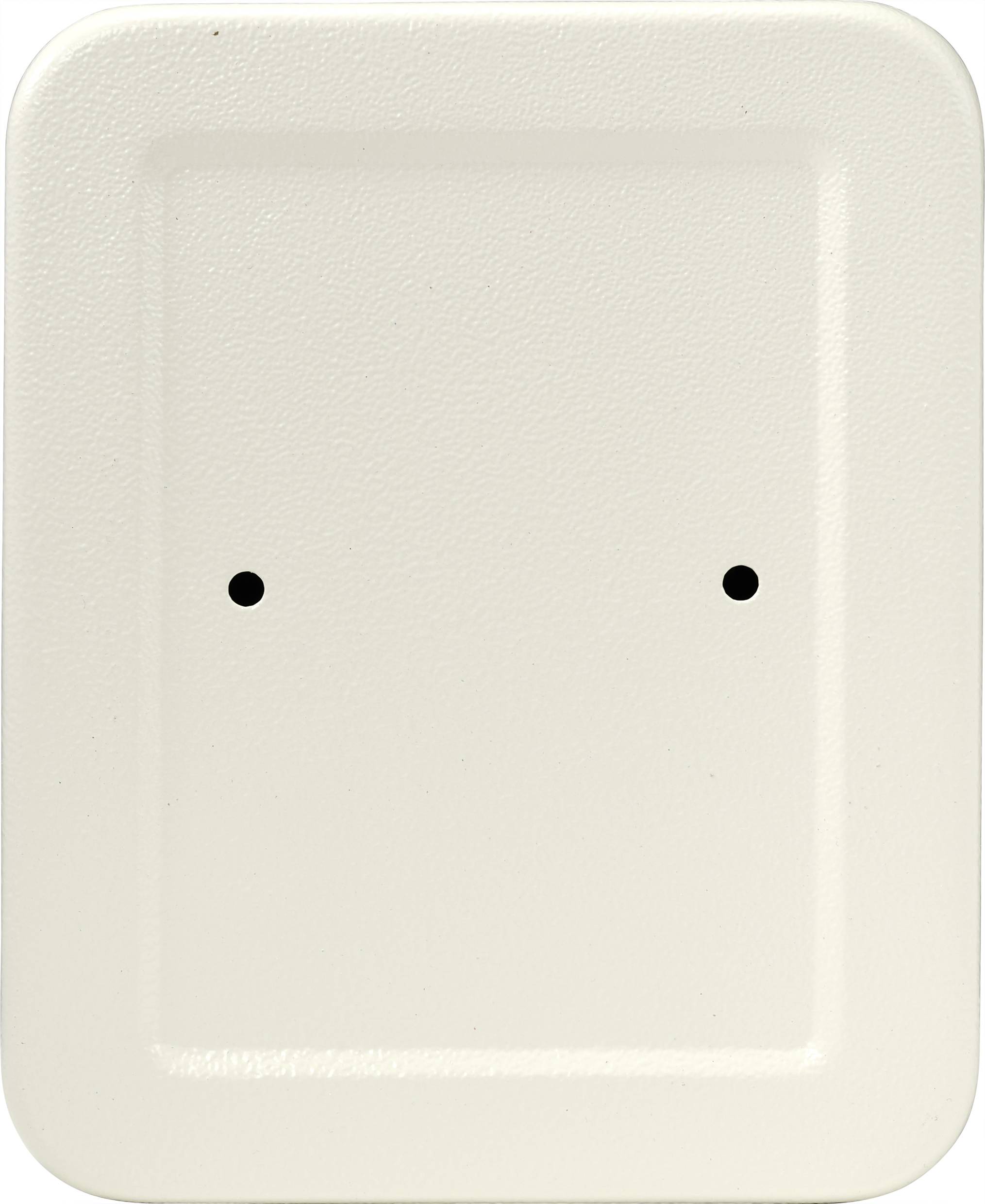 Een rechthoekig, beige behuizing met twee kleine zwarte puntjes in het midden, waarschijnlijk onderdeel van een stopcontact- of schakelaarbehuizing.