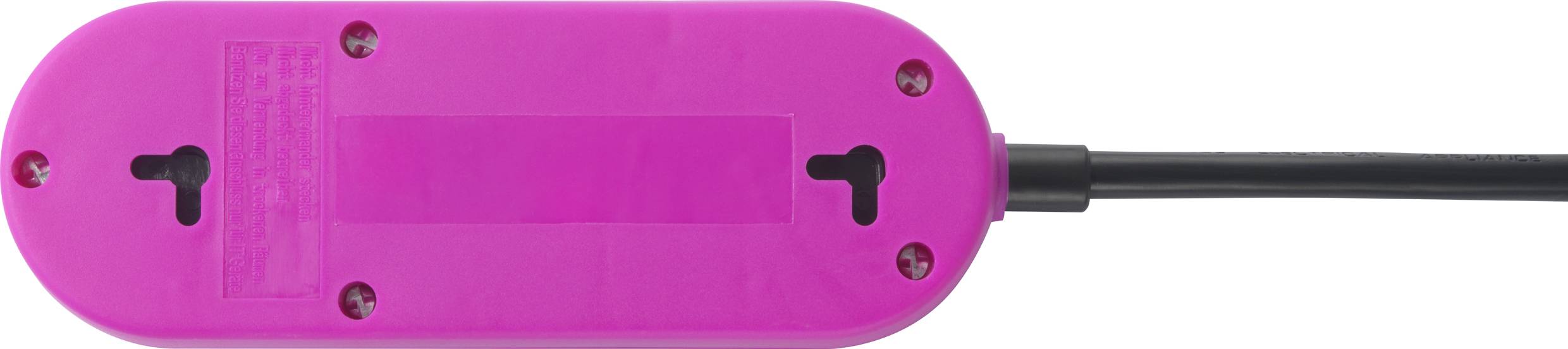 Een roze adapter met een zwart kabel, achteraanzicht met schroefmoffen en wandbevestigingsmogelijkheden zichtbaar.