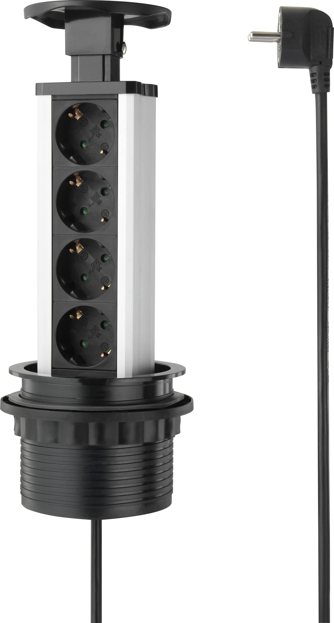 Een intrekbare stekkerdoos met vier stopcontacten en een kabel met stekker voor aansluiting op een stroombron.