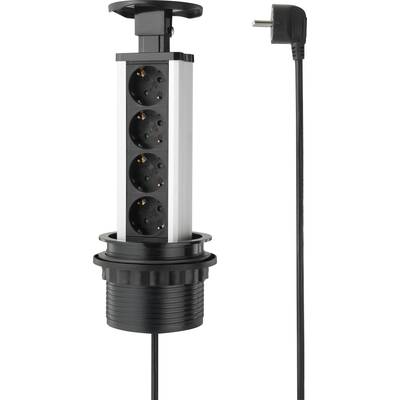Een intrekbare stekkerdoos met vier stopcontacten en een kabel met stekker voor aansluiting op een stroombron.
