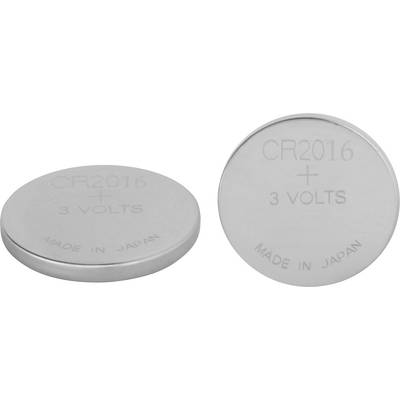 Twee opgestapelde knoopcellen van het type GP CR2016 met de opschrift 'LITHIUM BATTERY' en recyclingssymbool.