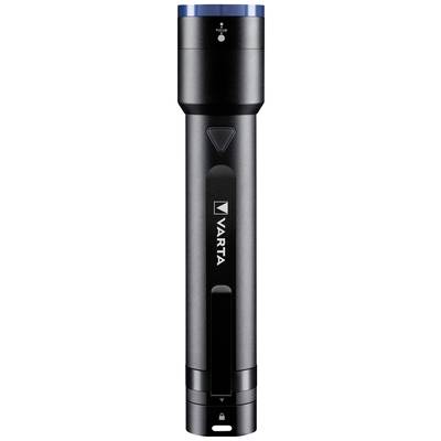 Zaklamp van Varta met zwarte behuizing en blauwe bovenkant. Schakelaar en merknaam 'Varta' zichtbaar aan de voorkant.