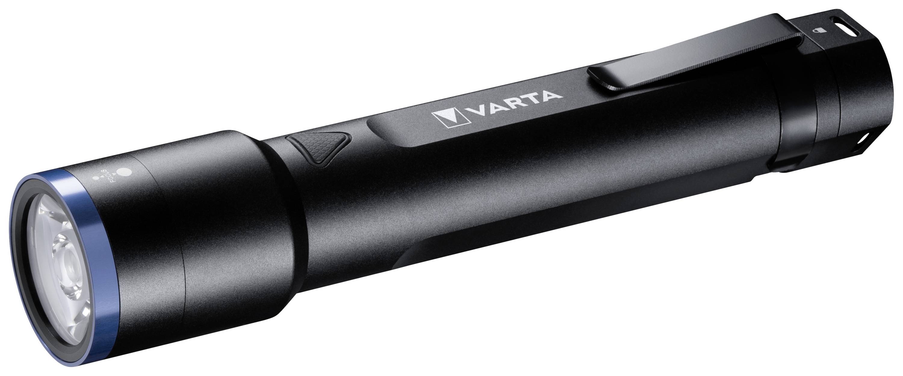 Zwarte zaklamp met blauwe dop en merkopdruk 'Varta'. Geschikt voor buitenactiviteiten en gebruik binnenshuis.