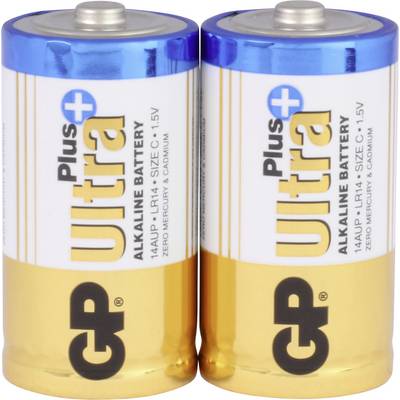 'Twee GP Ultra Plus Alkaline-batterijen van formaat C, 1,5V, met blauwe en gouden verpakking, geschikt voor apparaten met hoog energieverbruik.'