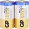 'Twee GP Ultra Plus Alkaline-batterijen van formaat C, 1,5V, met blauwe en gouden verpakking, geschikt voor apparaten met hoog energieverbruik.'