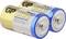Twee cilindrische batterijen van het merk 'GP Ultra Plus', type Alkaline, maat C, 1.5V, met goud-blauwe verpakking op een witte achtergrond.