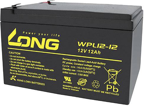 Zwarte accu van Long met opschrift 'Power your life'. Capaciteit: 12V, 12Ah. Waarschuwingen en veiligheidsinformatie op de zijkant.