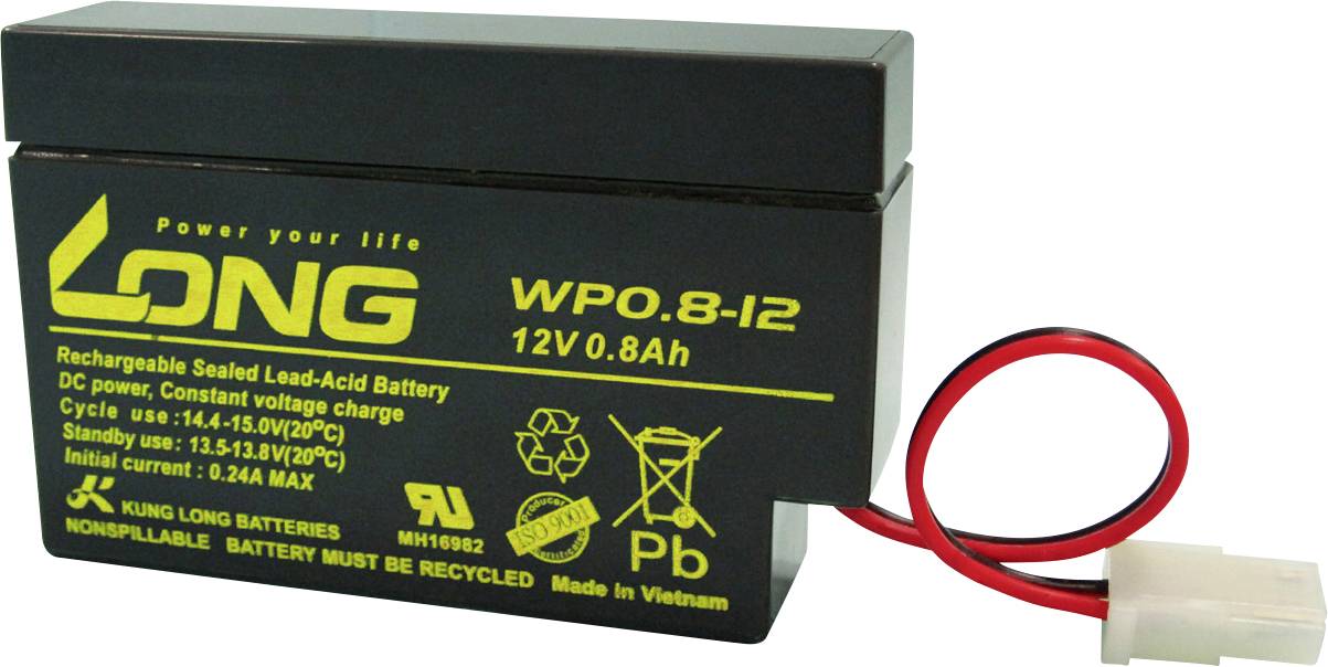 Een oplaadbare lood-zuur-accu met de opdruk 'LONG WPO 8-12 12V 0.8Ah', rode kabels, geschikt voor verschillende apparaten.