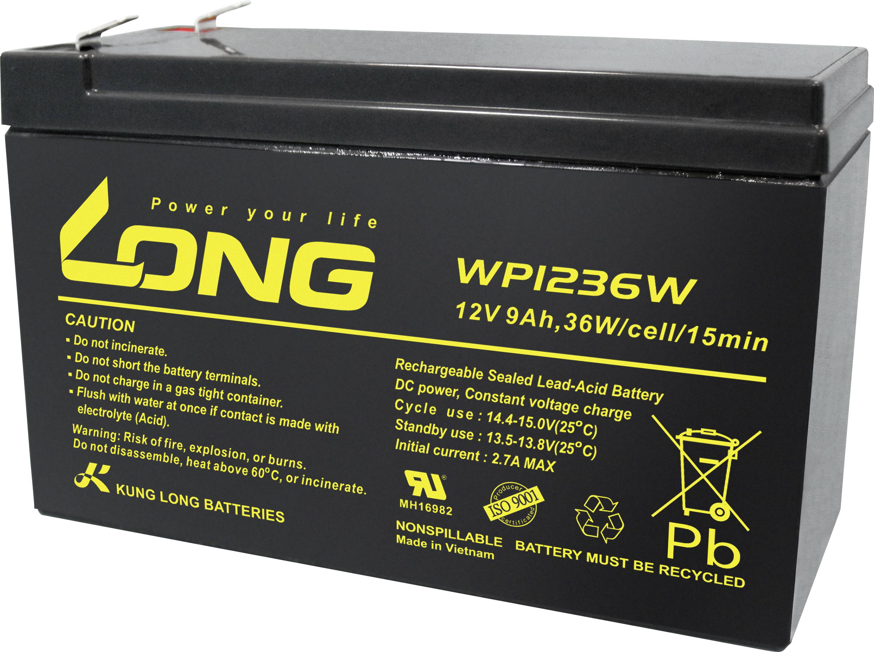 Een zwarte loodaccu met gele opdruk 'LONG', specificaties: 12V 9Ah, voorzorgsmaatregelen en verwijderingsrichtlijnen.