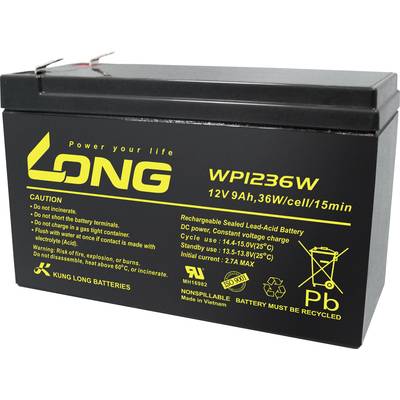 Een zwarte loodaccu met gele opdruk 'LONG', specificaties: 12V 9Ah, voorzorgsmaatregelen en verwijderingsrichtlijnen.