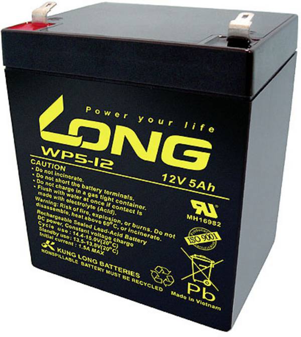 Long WP5-12/F2 Loodaccu 12 V 5 Ah Loodvlies (AGM) (b x h x d) 90 x 107 x 70 mm Kabelschoen 6.35 mm Geringe zelfontlading, Onderhoudsvrij