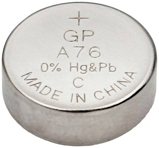 Knoopcelbatterij met opdruk: '+ GP A76, 0% Hg&Pb, C, Made in China'.