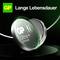 Reclame voor GP Ultra+ Lithium-batterij met de tekst 'Lange levensduur' en een geopende knopfcel.