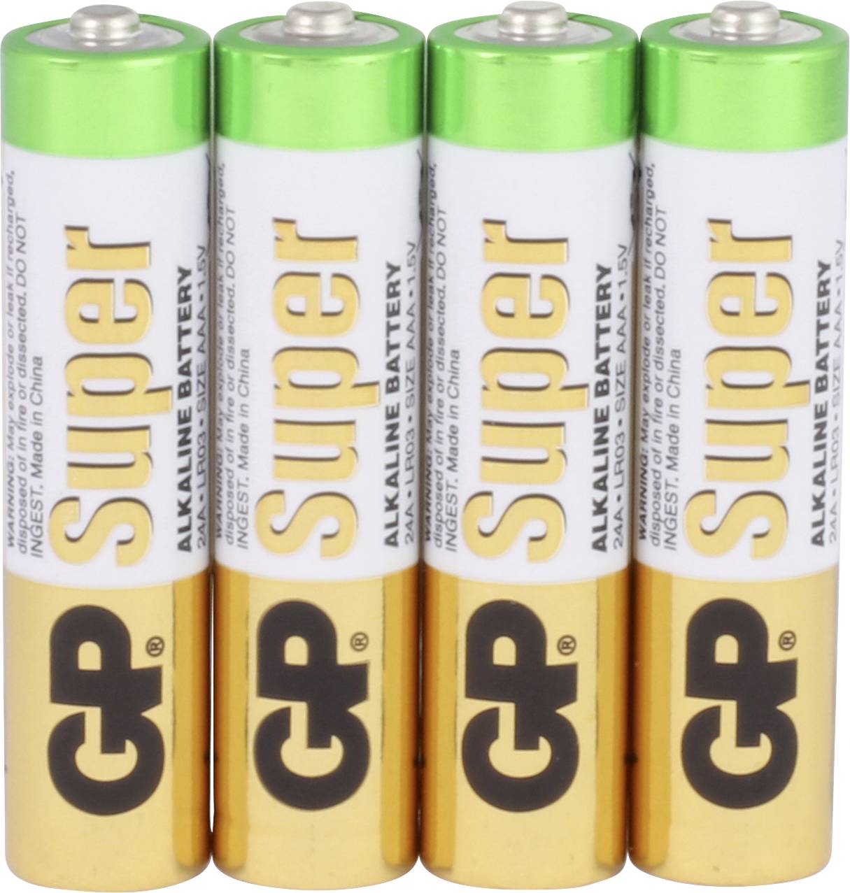Vier naast elkaar liggende AA-batterijen, merk GP Super, met groen-gouden ontwerp en opschrift 'Alkaline Battery'.