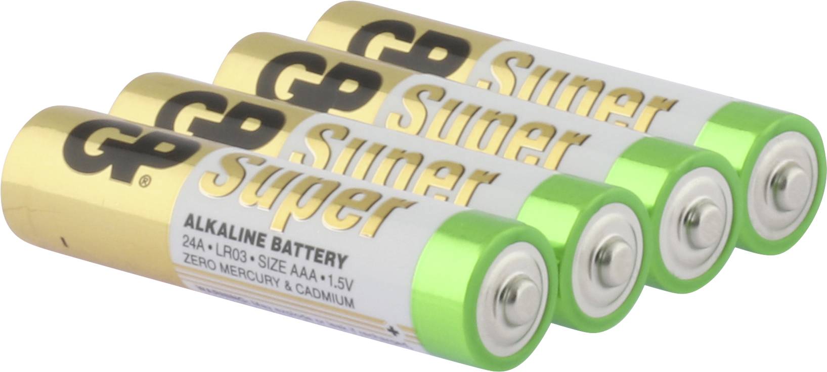 Vier AA-alkalibatterijen met een goud-groene omhulling, waarop 'GP Super' staat. Ze liggen parallel naast elkaar.