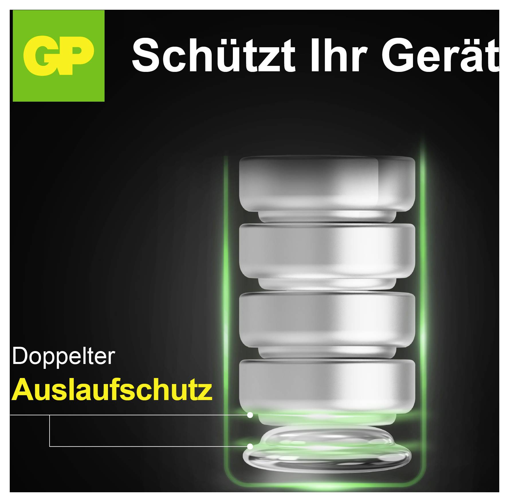 Batterij GP Super G-TECH in groen-zilveren verpakking met geel GP-logo.