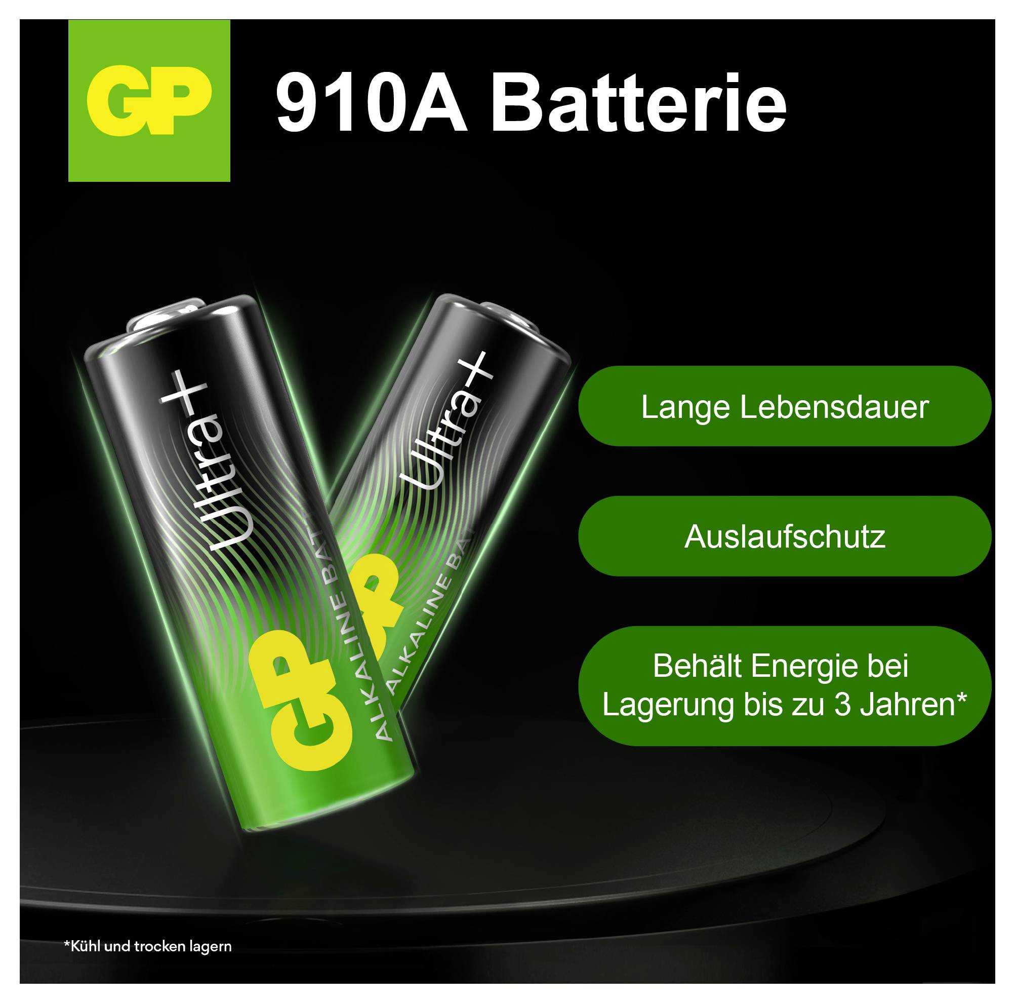 Advertentiegrafiek voor 'GP 910A Batterij' met twee Ultra+-batterijen; benadrukt worden 'Lange levensduur', 'Lekkagebeveiliging' en opslag tot 3 jaar.