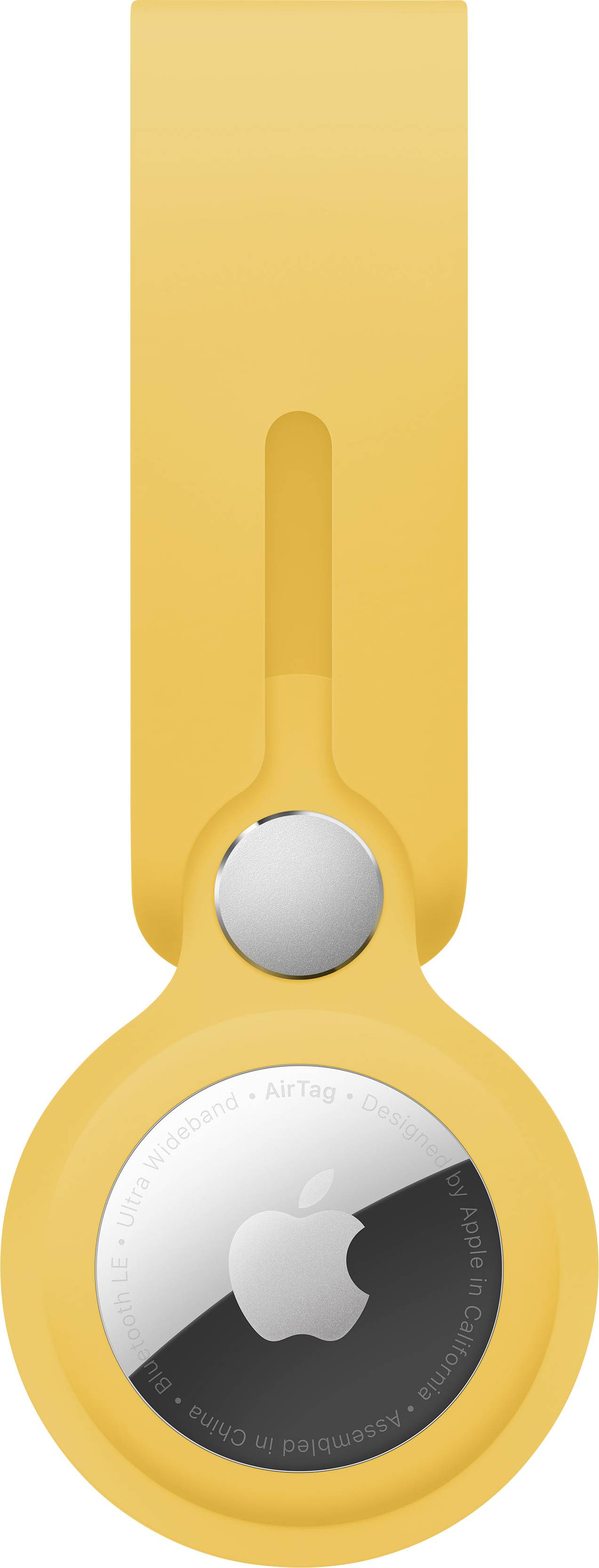 Een gele sleutelhanger met een rond gadget. Het gadget heeft een glanzend oppervlak met een appel-logo.