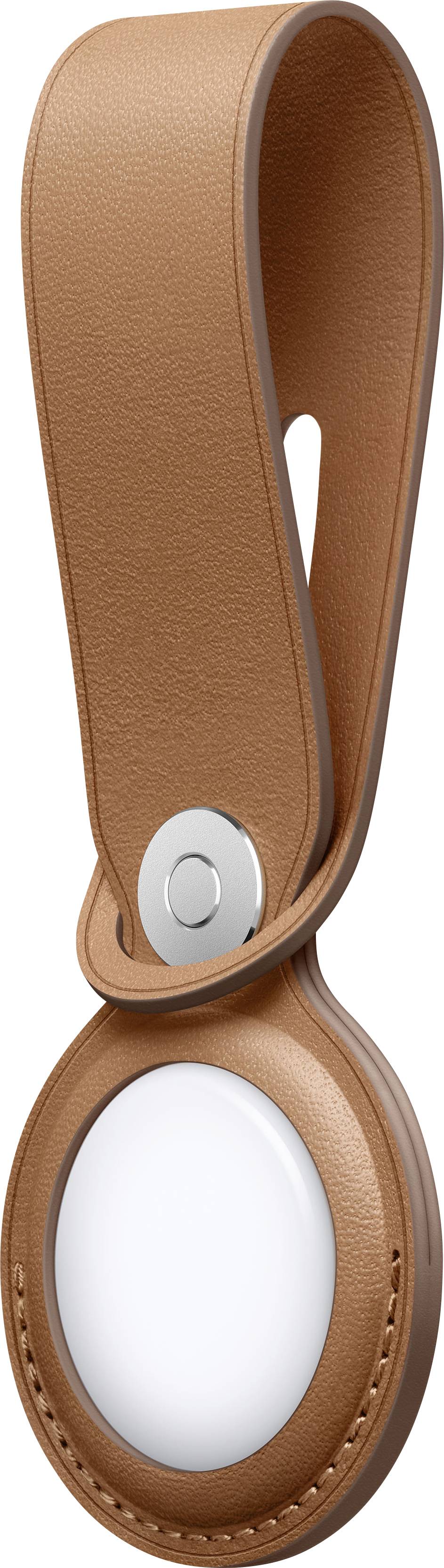 Een bruine leren hanger met een ronde uitsparing voor een tracker, zilveren drukknoop aan de bovenkant.