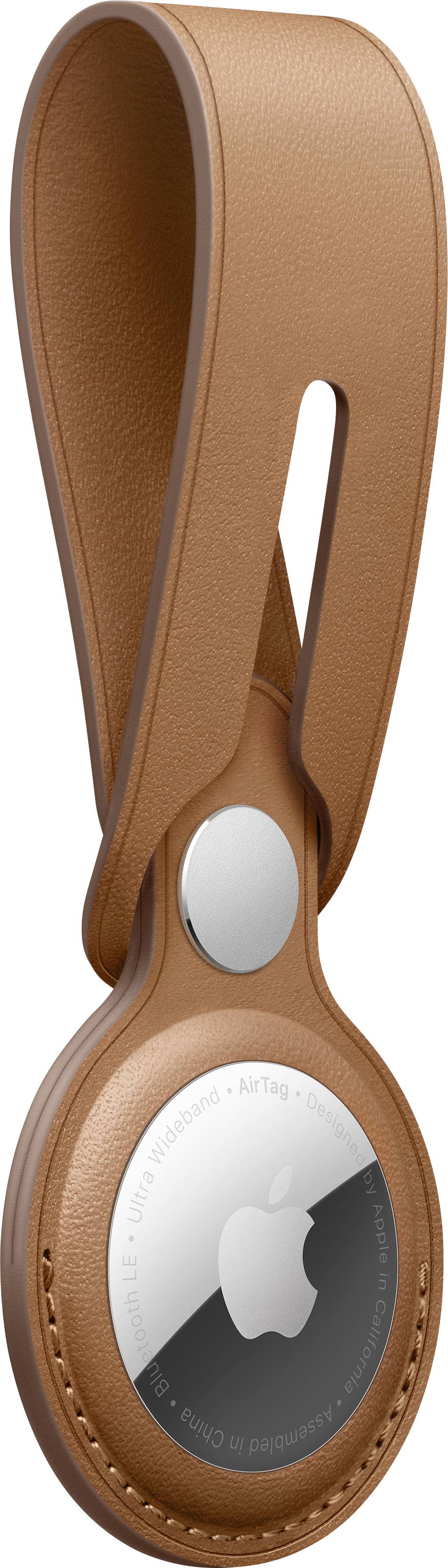 Bruine leren hanger voor een ronde tracker met metalen rand, gemarkeerd door een Apple-logo.