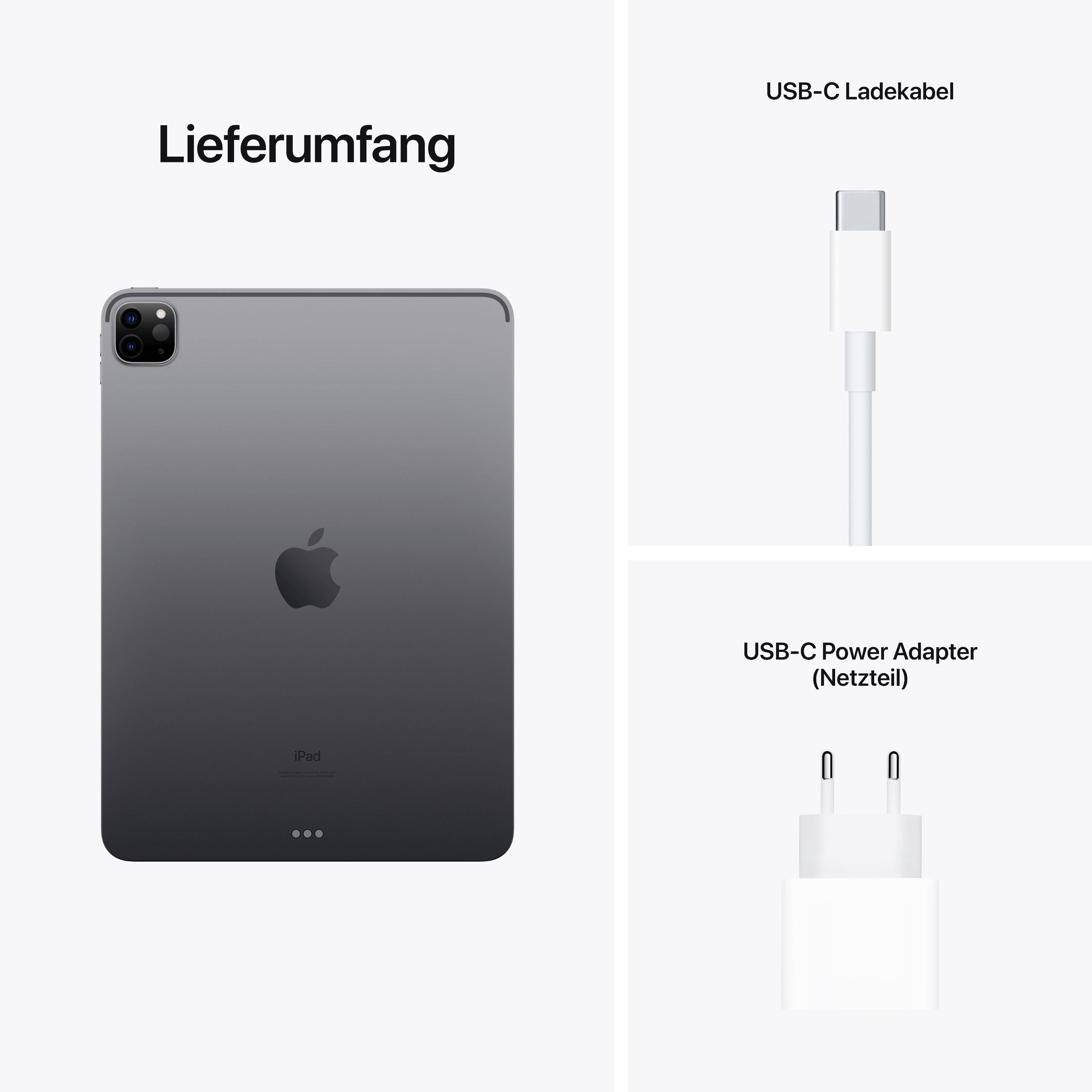 Weergegeven is de leveringsomvang van een tablet: tablet zelf, USB-C oplaadkabel en USB-C voedingsadapter (oplader).