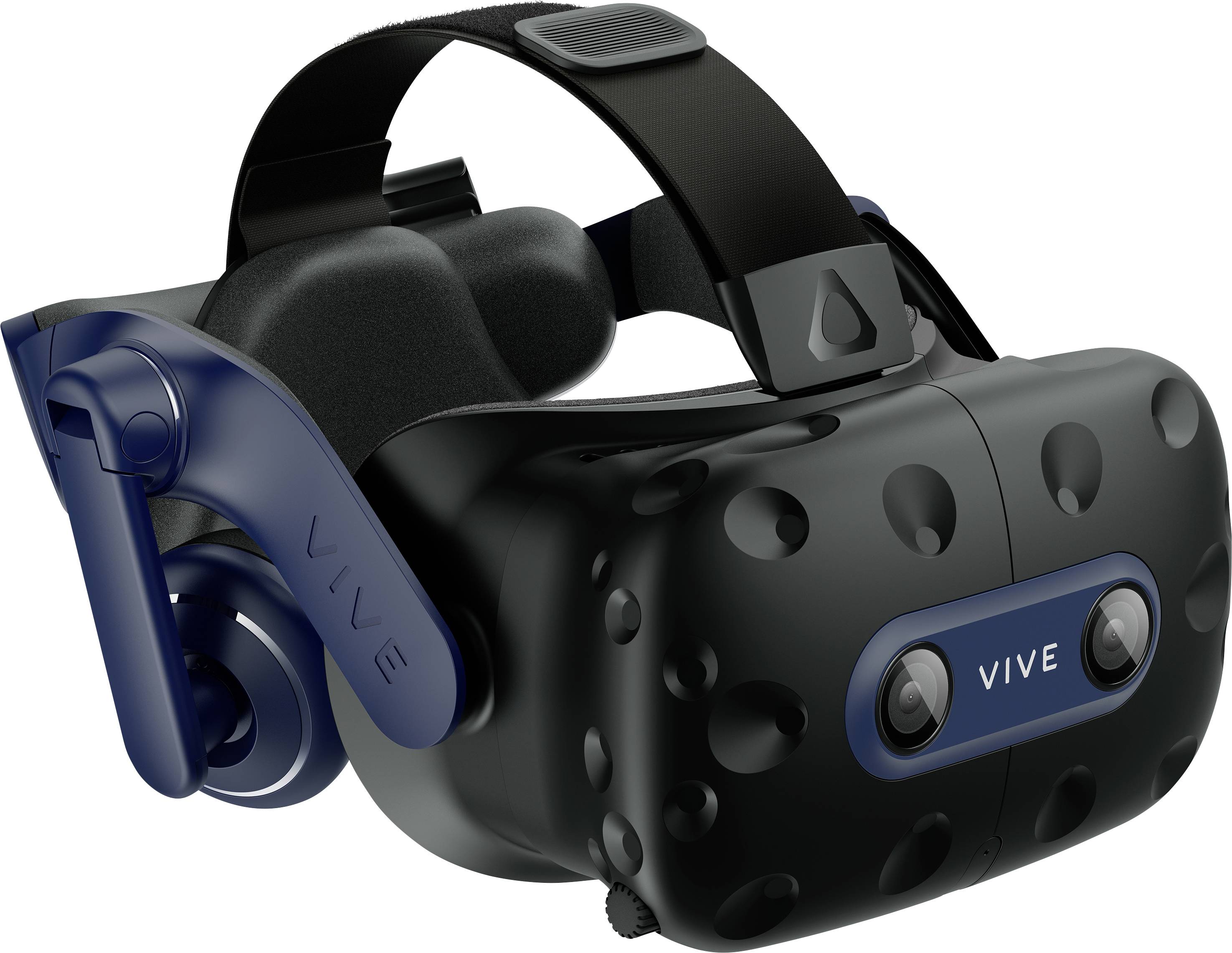 Een zwart virtual-reality-headset met blauwe details en twee voorste camera's. Het draagt de opschrift 'Vive'.