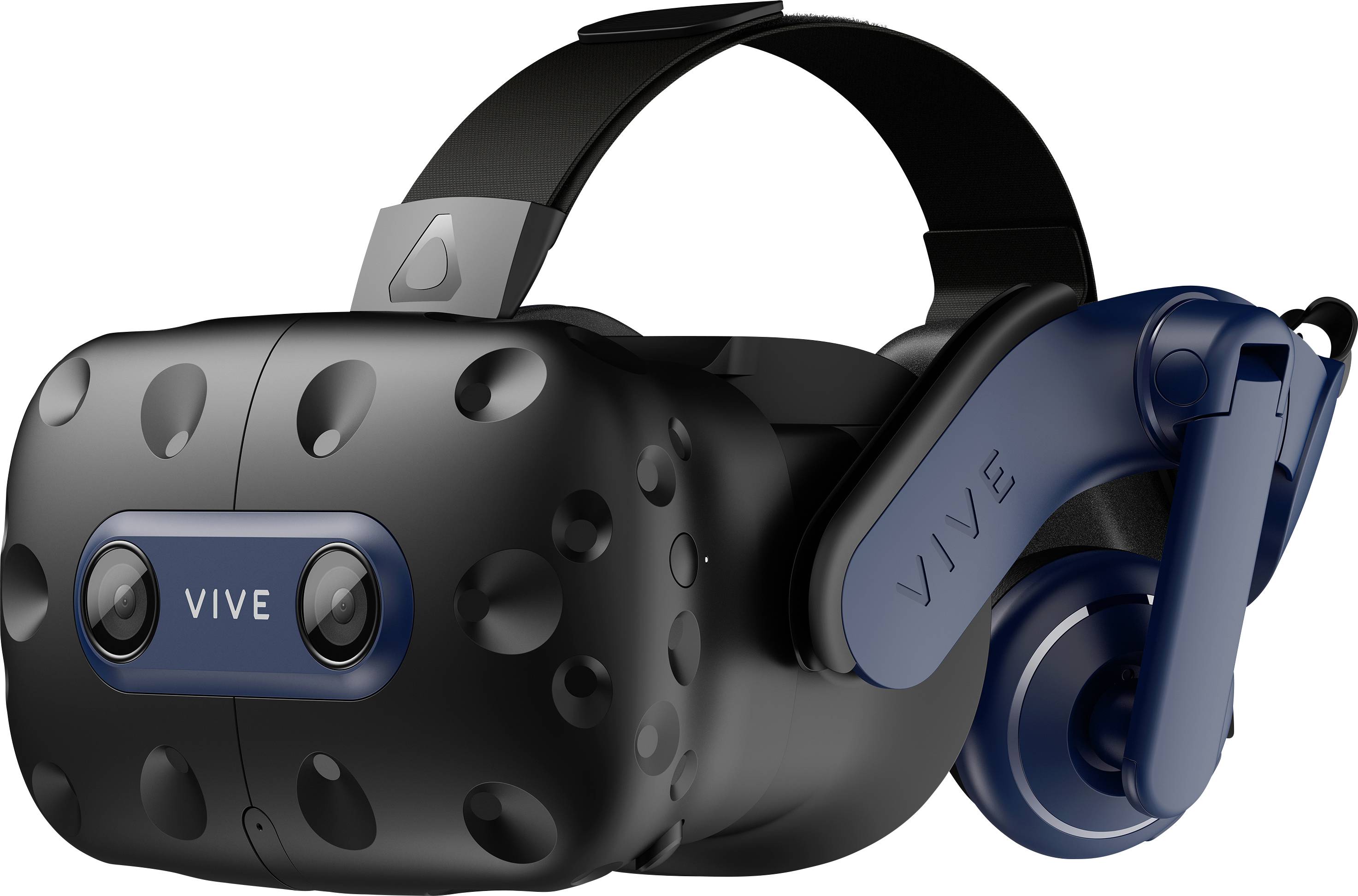 VR-headset met koptelefoon van opzij bekeken, zwart-blauw ontwerp, met de merknaam 'Vive'.
