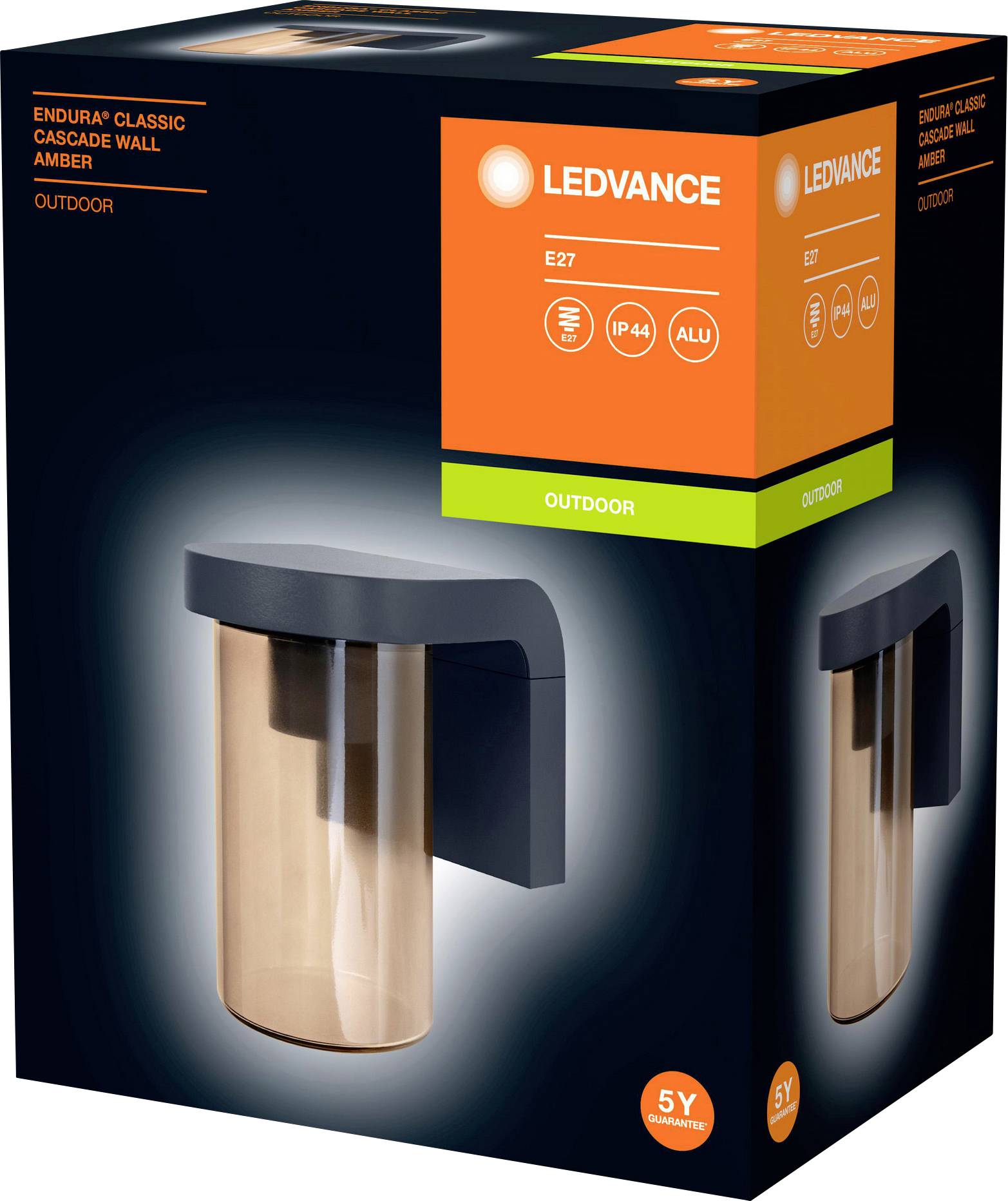 Verpakking van een buitenwandlamp met amber glas. Merknaam en technologische kenmerken zoals 'IP44' en 'E27' zijn gemarkeerd.