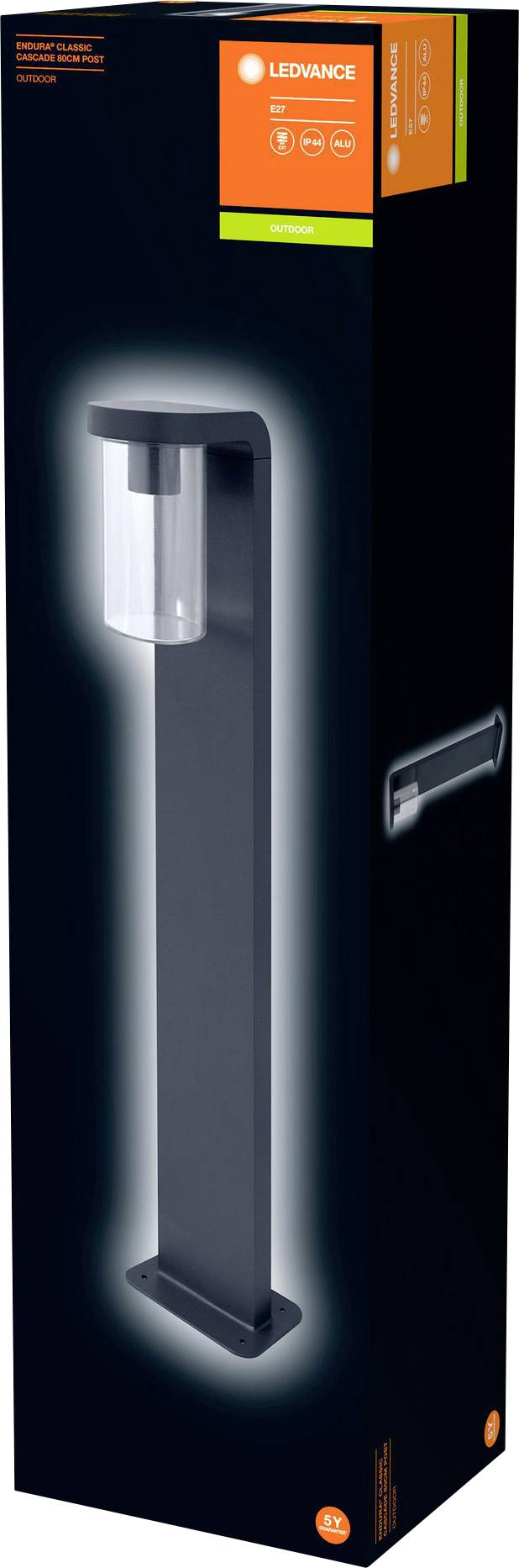 'LEDVANCE' Staande lamp in hoekig design met glazen afdekking. Verpakking toont productafmetingen en technische details. Geschikt voor buitengebruik.