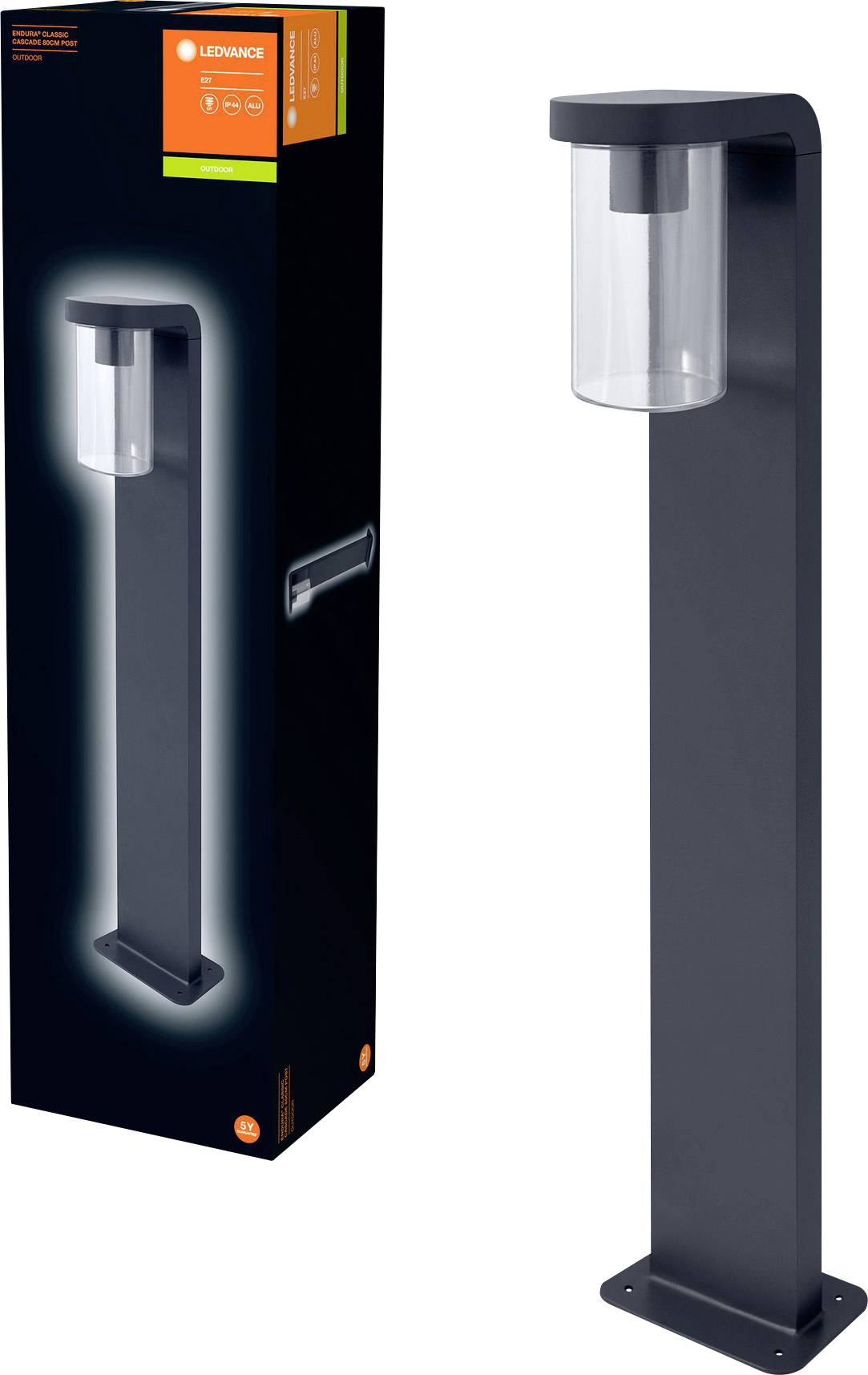 'LEDAVENCE Endura Style' moderne zwarte buitenlamp met transparante afdekking, getoond naast de verpakking.