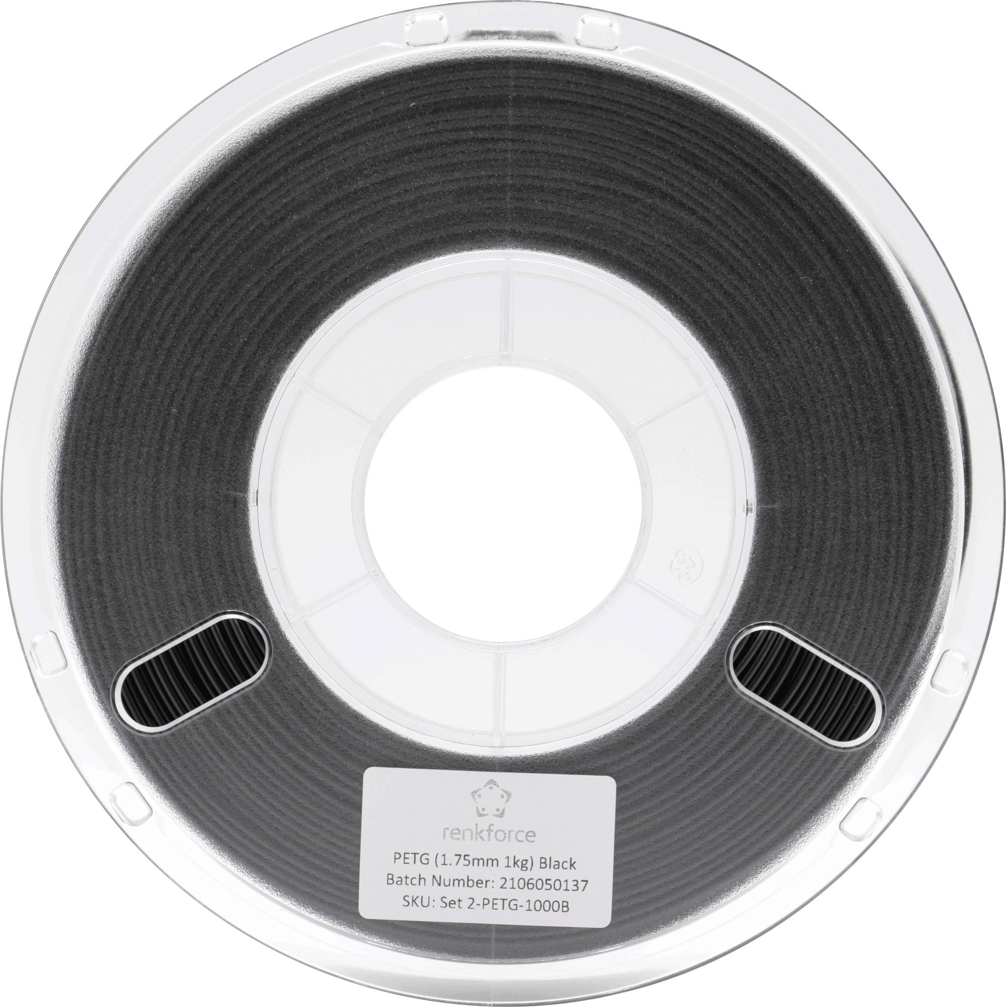 Zwarte PETG-filamentrol van Reinforce, 1,75 mm, 1 kg. Batcnummer: 2105060137, SKU: Set-2-PETG-10008. Ideaal voor 3D-printen.