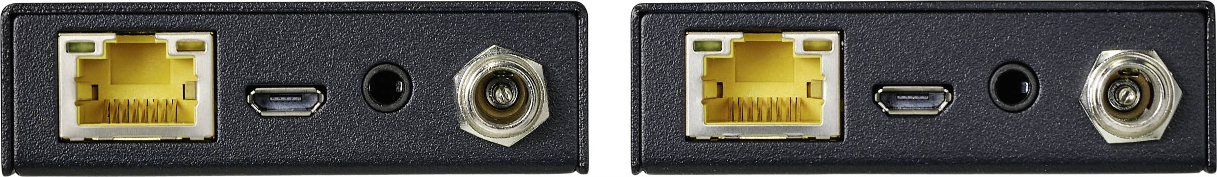 Twee netwerktoestellen: Links RJ-45-aansluiting, audiobuchte, USB-C-aansluiting, bevestigingsschroef. Zelfde configuratie rechts.