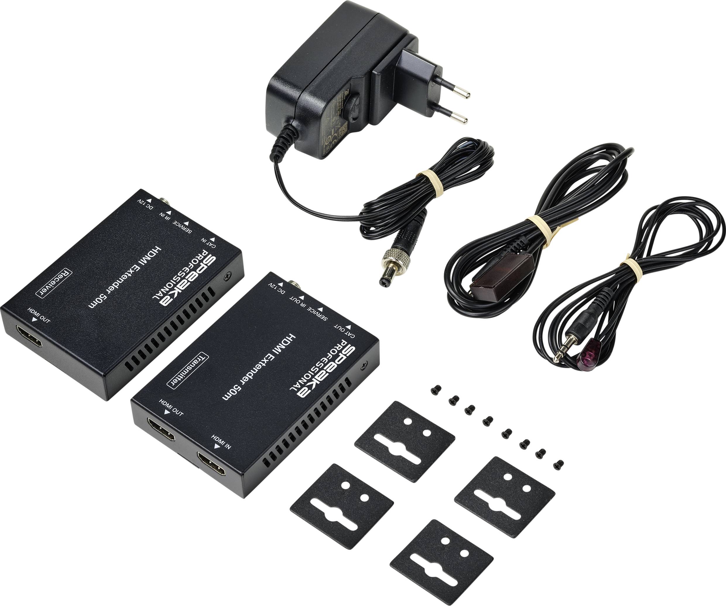 Twee zwarte HDMI-extenders, voedingsadapter, infrarood-zender en -ontvanger, montagetoebehoren. Belangrijkste componenten van een HDMI-overdrachtsset.