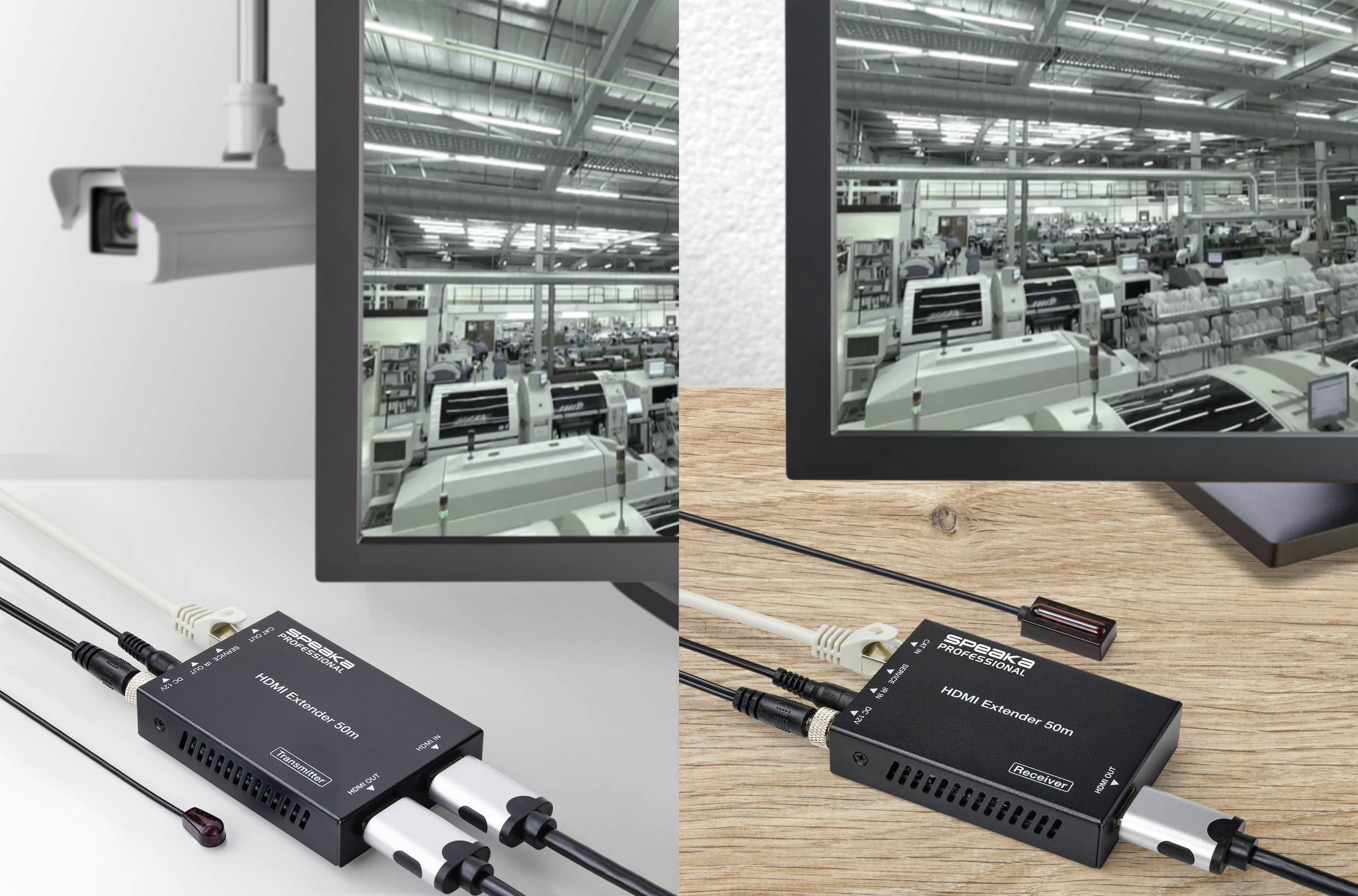 Links toont het beeld een bewakingscamera in het interieur. Rechts is een monitor te zien die het camerabelang uitzendt.