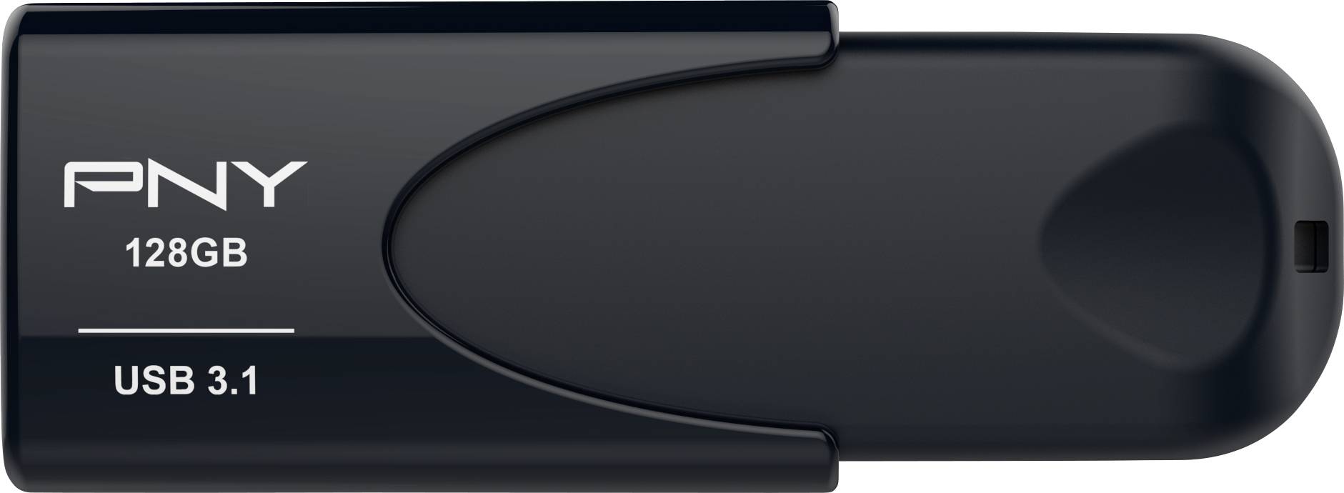 Een zwarte USB-stick van PNY met een opslagcapaciteit van 128 GB en USB 3.1-technologie.