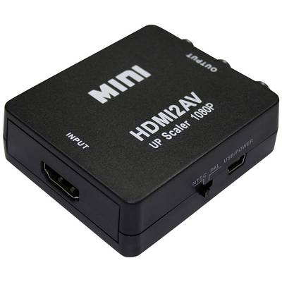 Een zwarte Mini HDMI2AV-converter voor HDMI naar AV-omzetting, gemarkeerd met 'UP Scaler 1080P'. Aansluitingen: HDMI, NTSC/PAL, USB.