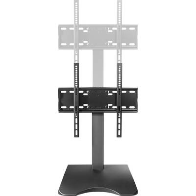 Een zwarte metalen tv-standaard met een rechthoekige voet en verticale steunen voor het bevestigen van een scherm.