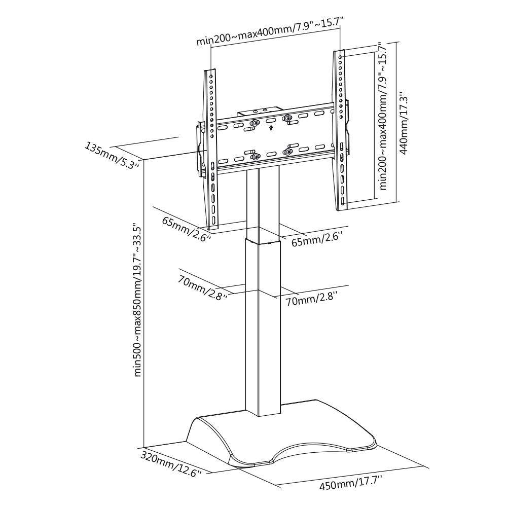 'Standvoetdraagvermogen tot 400 mm breedte en 400 mm hoogte. Basisplaat 450 mm breed, kolom hoogteverstelbaar tot 850 mm.'