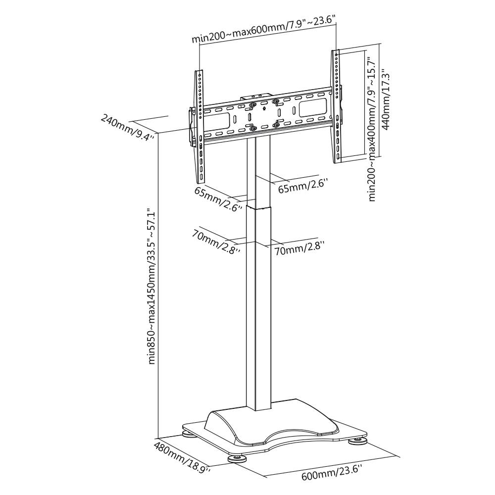 Tv-standaard diagram met afmetingen: Hoogte 135–145 cm, sokbreedte 60 cm, VESA-bevestiging min. 20–max. 60 cm breed en 20–40 cm hoog.