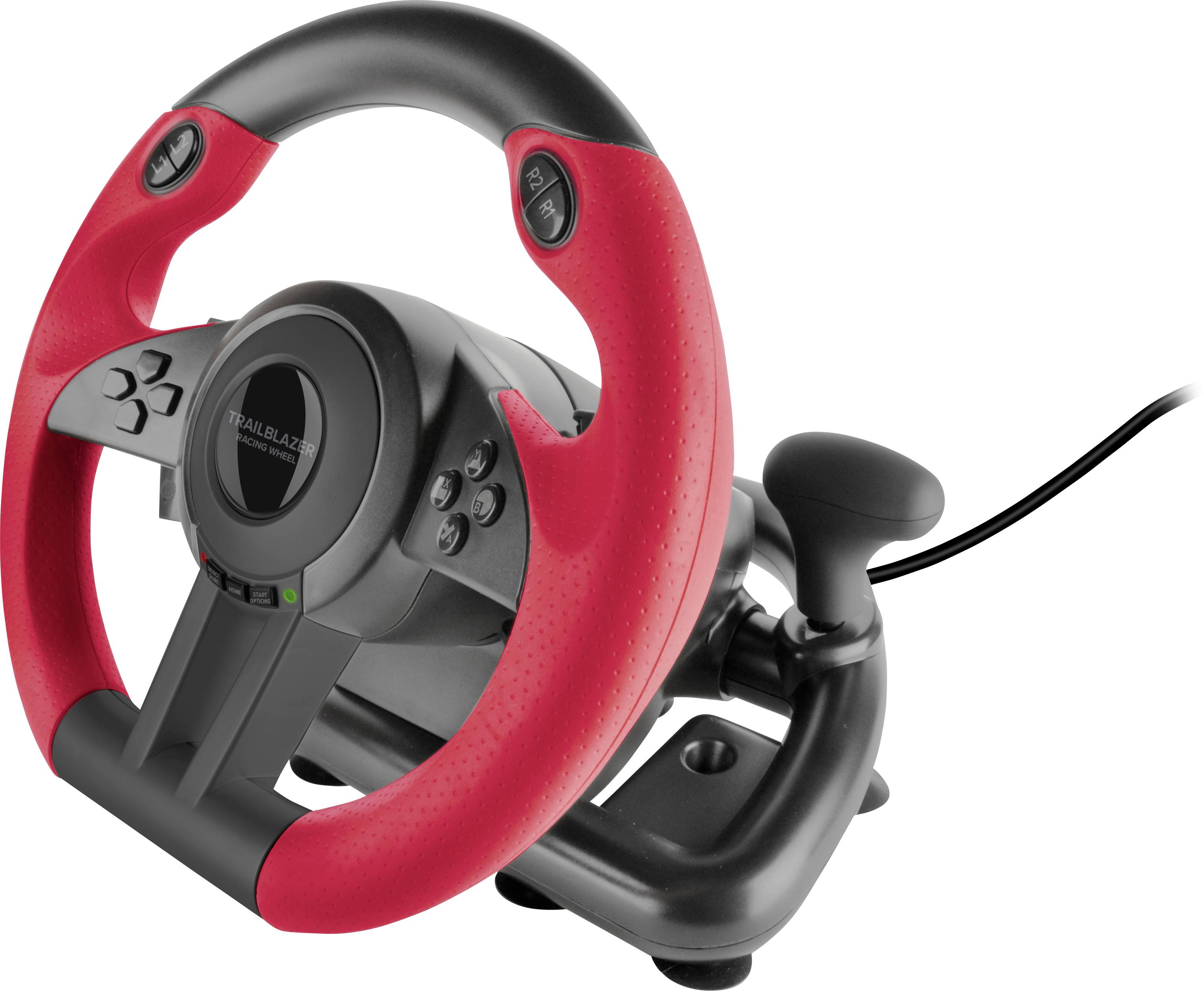 Gamingstuur van kunststof met rood en zwart design, meerdere knoppen en kabel voor virtuele rijsimulators.