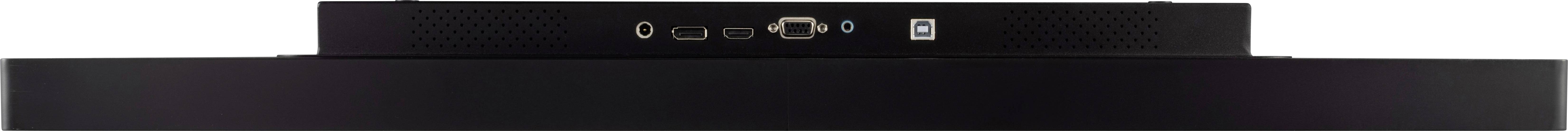 Een zwarte luidspreker met meerdere aansluitopties aan de voorkant, waaronder een koptelefoonaansluiting en USB-poorten.