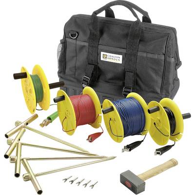 Meetkabel-set met tas. Bevat kabelrollen in rood, groen en blauw, aardingselektroden, hamer en toebehoren. Ideaal voor technische werkzaamheden.