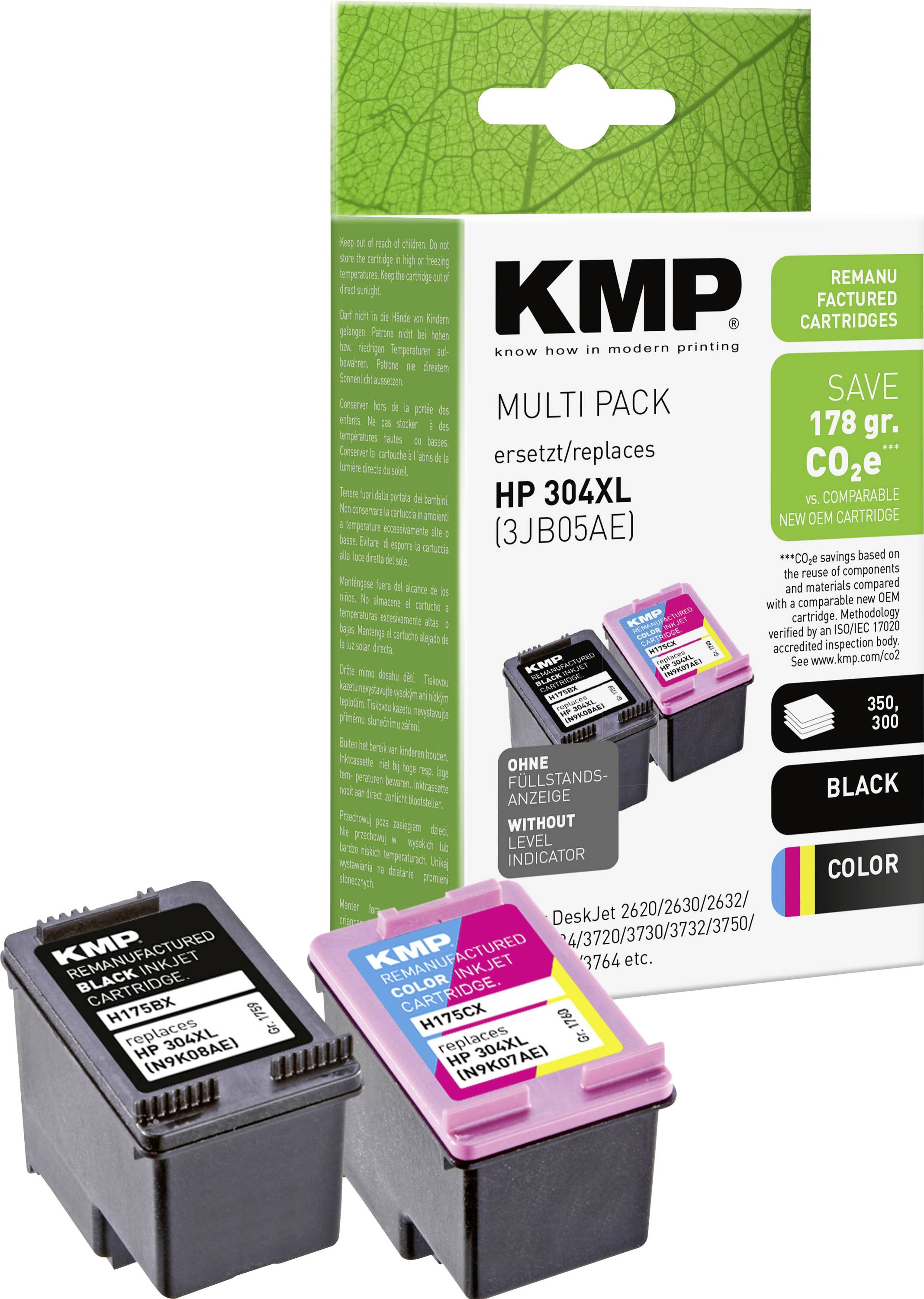 KMP multi-pack geremanufacturde printertoners voor HP 304XL, met zwarte en gekleurde inktcartridges en verpakking die besparing van 178 g CO2e aangeeft.