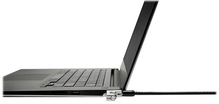 'Zijaanzicht van een laptop met een beveiligingsslot in de Kensington-sleuf, waarmee het apparaat aan een kabel wordt vastgemaakt.'